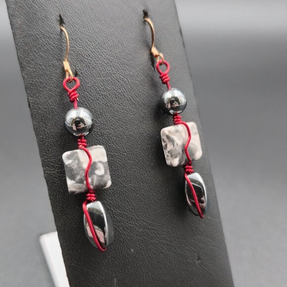 Copper And Red Wire Hematite And Zebra Agate Earrings A6606 - Picture 2 of 5